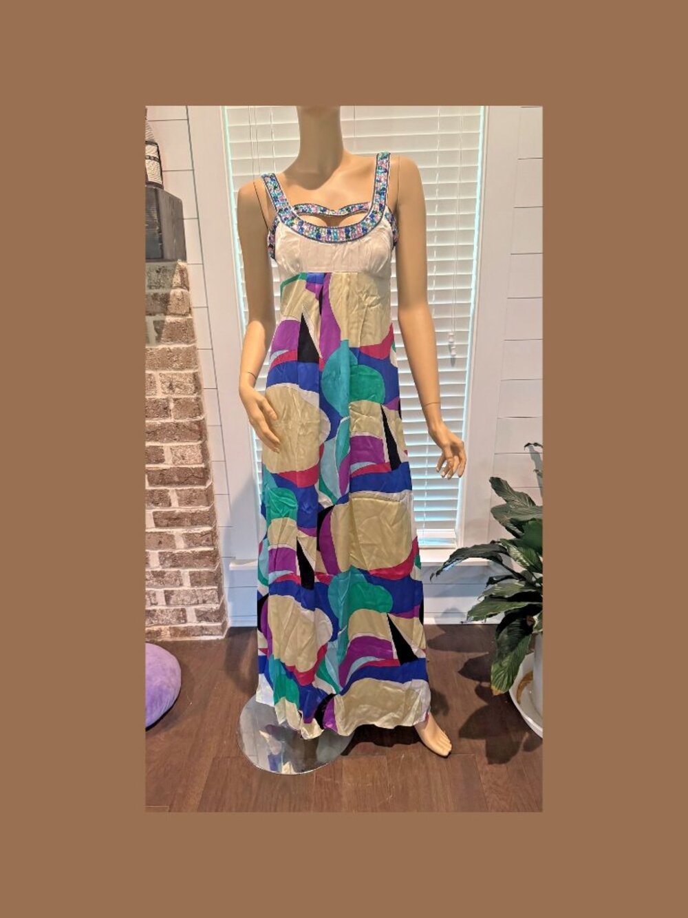 Sue Wong Y2K Silk Geometric Hand Beaded Evening Gown Multi Maxi Dress NWT 6 C3